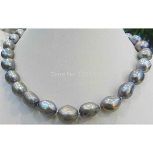 Free shipping 000152 LARGE 12-14MM GRAY REAL BAROQUE CULTURED PEARL NECKLACE