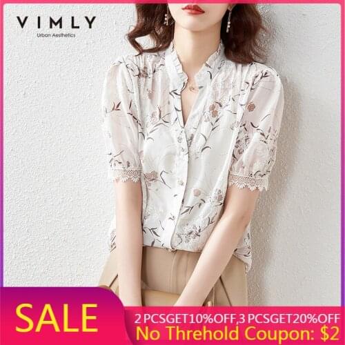 VIMLY Women Blouse Summer Fashion V Neck Floral Shirts Elegant Button up Shirt Office Lady Blusas Clothes Female Tops F7162