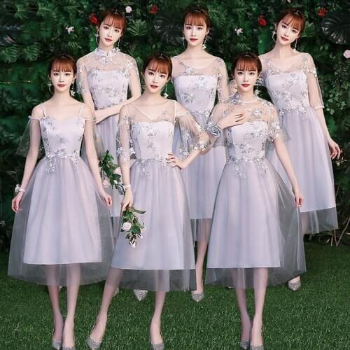 Elegant Gray Tulle Illusion lace Embroidery New gray lace Bridesmaid Dresses Wedding Guest Party Gowns Cheap Long Prom Dress