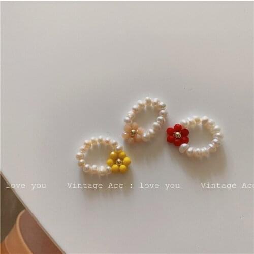 Aesthetic Dainty Seed Bead Fruit Flower Rings Stackable Colorful Bead Single Finger Jewelry for Women Girls Summer Jewelry
