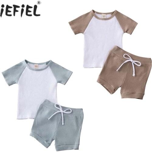 2021 Baby Boys Girls Summer Clothing Sets Toddler Kids Baby Girls Ribbed Knitted Short Sleeve T-shirts+Shorts Tracksuits Outfits