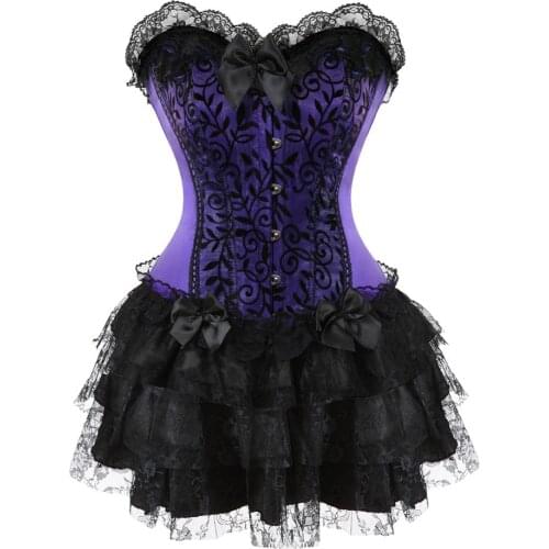 Corset Bustier with Mini Skirt Gothic Slimming Plus Size Lace Overlay Korsage Sexy Dress Carnival for Women Party Club Night