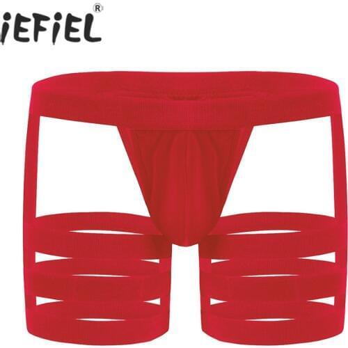 IEFiEL Men Wetlook Bikini Briefs with Bulge Pouch Garters Gay Lingerie Jockstrap Thong String Homme Underwear Underpants