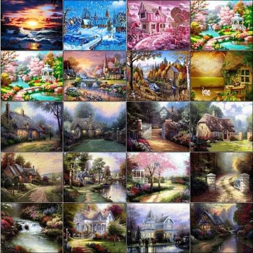 Dirll drawing cuadros full square embroidery 5d diamond painting kit set Landscape house tree road complet mosaic Cross stitch