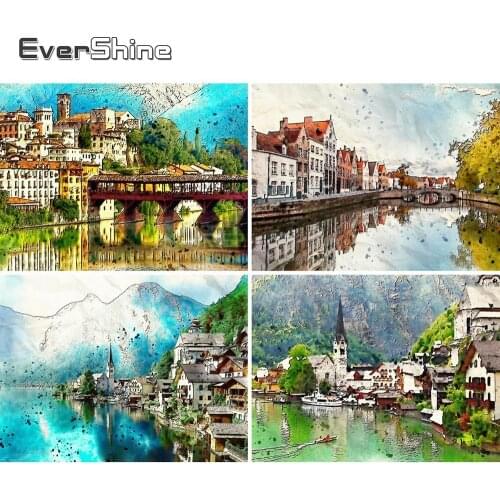 Evershine DIY 5D Diamond Mosaic Landscape Building Embroidery Cross Stitch Kit Diamond Painting River Living Room Decor Gift