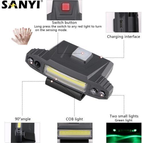 Sanyi Waterproof COB LED Cap Head Lamp USB Rechargeable Hat Headlight Induction Headlamp White+Green Flashlight Built-in Battery