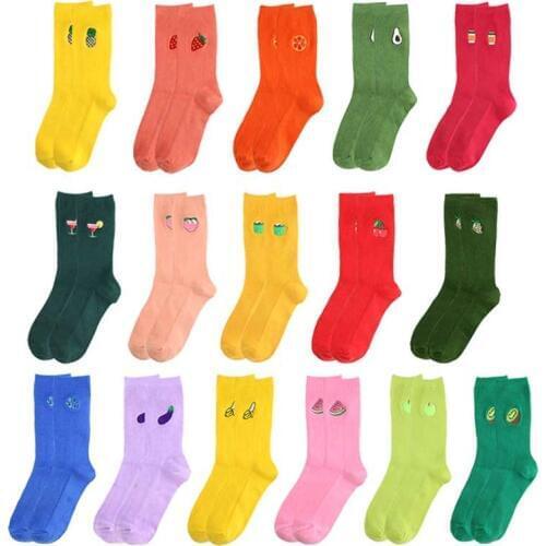 Funny Cute Fruit Embroidery Women Ankle Cotton Socks Banana Avocade Kiwi Apple Harajuku Cherry Warm Yellow Purple Color Retro