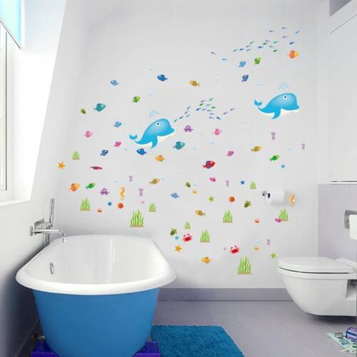 Underwater World Cartoon fish dolphin wall sticker Vinyl DIY Ocean Fish wall decal For Childrens room shower room decor sticker
