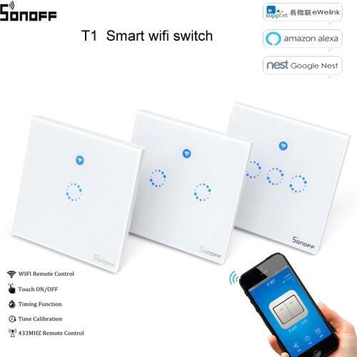 Sonoff T1 EU UK 1 2 3Gang 1 Way Wifi Wall Switch Wireless Remote Light RF/ App Touch Control Wifi Smart Switch Work with Alexa