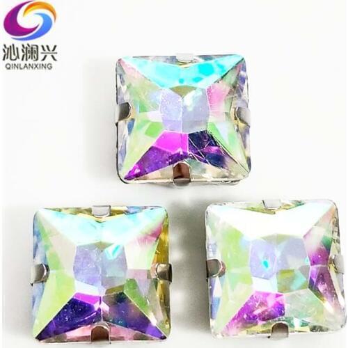 AB color top quality Glass Crystal sew on stones,square shape claw rhinestone with holes,Diy/Clothing accessorie SWZ406