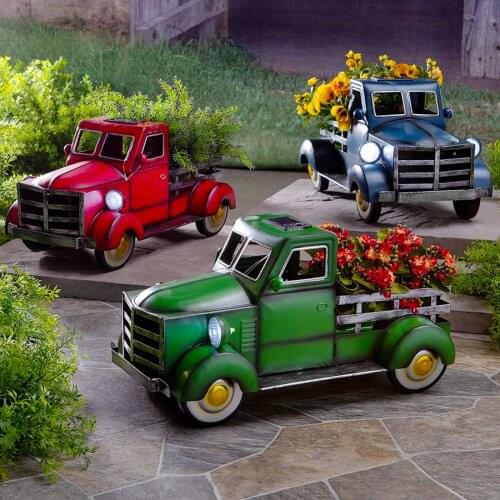 Outdoor Decoration, Retro Style Solar Resin Truck Garden Decoration Flower Pot Lampara Solar Exterior