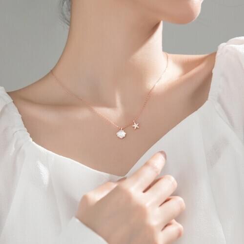 Utimtree Women Pendants Necklaces Jewelry White/Rose Gold Color Cubic Zirconia Star Shell Clavicle Choker Necklace for Party