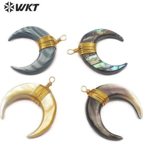 WT-P848 Self Design Handmade Shell Horn Pendant natural shell mixed colors charm pendant with wire wrapping high quality pendant