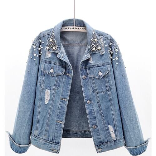 Women 2020 spring Autum pearls beading Holes Denim Jackets loose Jeans Coat Turn-down Collar Outwear Jacket JC260
