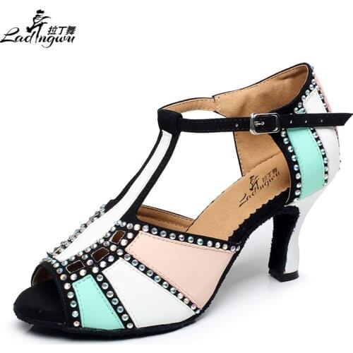 Ladingwu Leatherette and Shine Rhinestones Ballroom Salsa Dance Shoes Womens Sandals Paty Latin Waltz Dance Shoes Heels 6/8.3cm