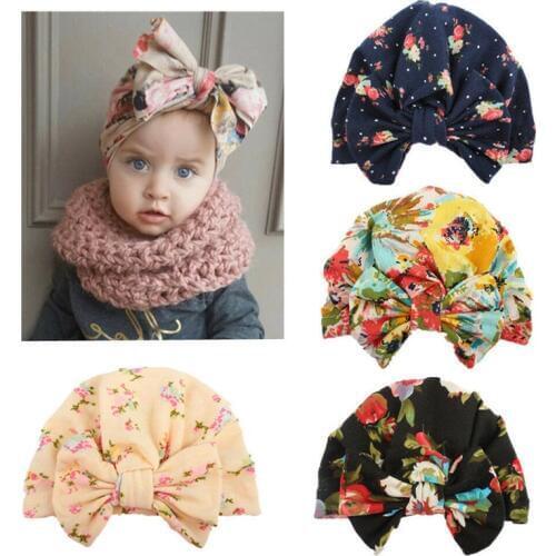 4 PCS/Lot Flower Bonnet Hat Cap with Big Bow For Baby Girl Infant Newborn Hair Printing Floral Cotton Fashionable Hats