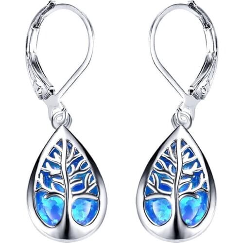 AMORUI Silver Color Filled Life Tree Drop Earrings For Women Water Drop Stone Blue Fire Opal Birthstone Earrings