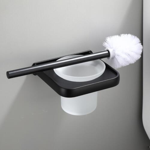 Black Stainless Aluminum Alloy Wall Mounted Toilet Brush Holder with Glass Cup WC Accessories Set Home Improvement Storage Rack