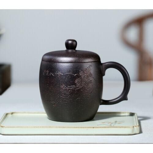 Two 】 yixing pure manual purple sand cup lid cup 350 cc home famous black gold sand grapes