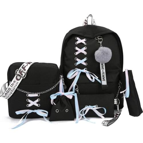 2019 Chain Canvas female book bag backpack 5pcs/set schoolbag school bag travel pack fashion Tassel women teenage teenagers girl