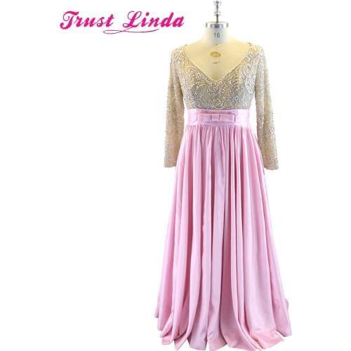 Exquisite Evening Prom Gown A-Line V-neck Beading Tops Long Sleeve Long Wedding Party Dress Custom Made