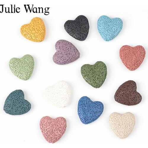 Julie Wang 19PCS Multi-colored Heart Shape Natural Lava Rock Stone Beads For Essential Oil Diffuser Pendants Jewelry Necklace