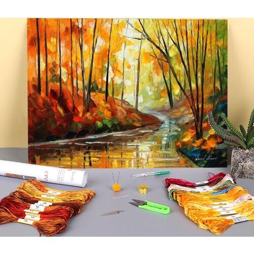 Oil Painting Style Stream Printed Canvas 11CT Cross Stitch DIY Embroidery Set DMC Threads Needlework Hobby Craft Counted
