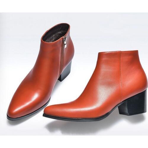 Autumn Winter High Heel Leather Boots Fashion Pointed Toe Zip Warm Ankle Boots Height Increase Office Dress Shoes Boots Men36-44