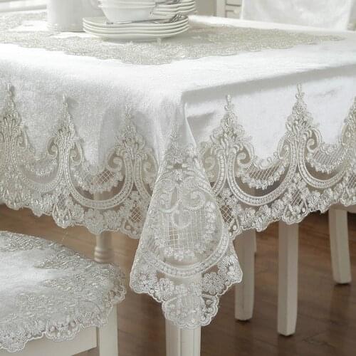 Lace Embroidered Rectangular Velvet Tablecloth Square Solid Color Europe Soft TV Kitchen Dinning Table Cover Chair Cover Beige