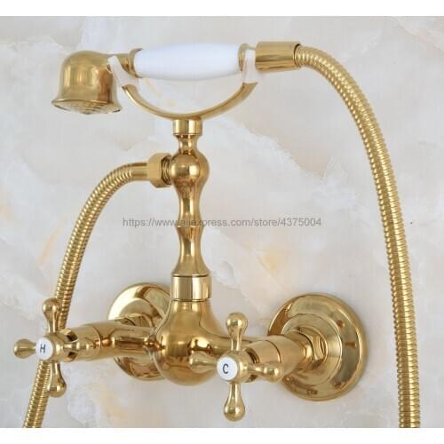 Gold Color Brass Bath Faucets Wall Mounted Bathroom Basin Mixer Tap With Hand Shower Head Bath & Shower Faucet Nna831