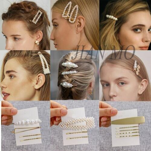 2019 Hot Sale Women Girls Elegant Pearl Geometric Alloy Hair Clips Barrettes Hairpins Female Hair Styling Accessories F001