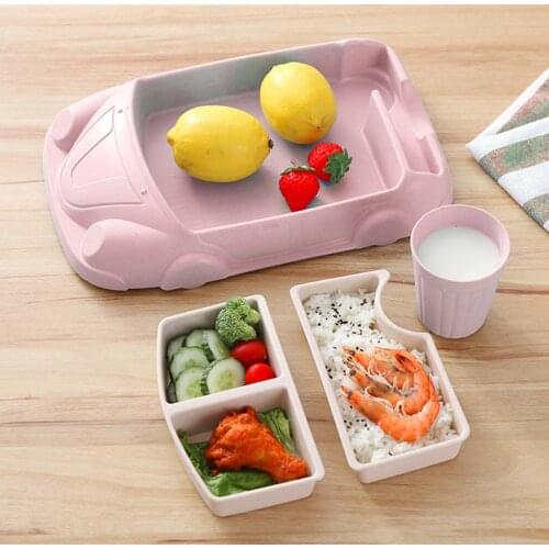 Cartoon Car-Shaped Bamboo Fiber Dinner Meal Set Plate Bowl and Water Cup