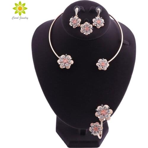 Bridal Jewelry Sets Gold Color Jewelry Sets For Women Wedding Crystal Flower Jewelry Necklace Bracelet Earrings Ring Set