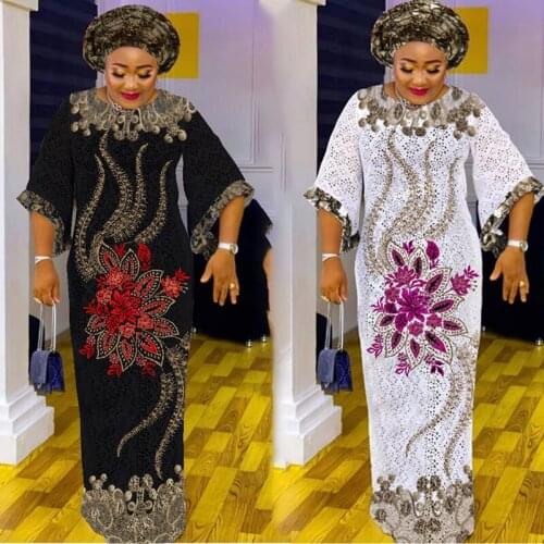2021 New African Lace Dresses For Women Embroidered Sequin Maxi Robe Muslim Hijab Abayas Ankara Dashiki Kaftan Robe Africaine