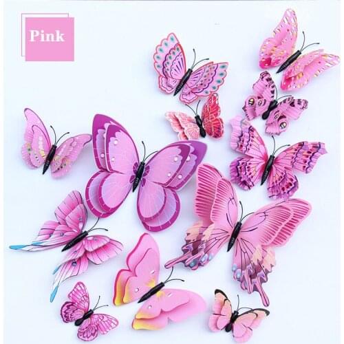 New style 12Pcs Double layer 3D Butterfly Wall Sticker on the wall Home Decor Butterflies for decoration Magnet Fridge stickers