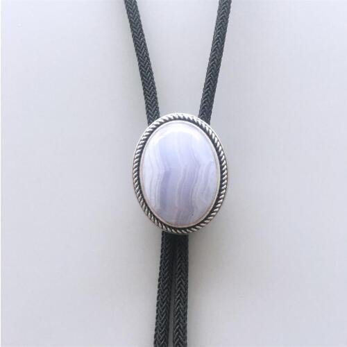 New Vintage Silver Plated Nature Blue Ripple Agate Stone Bolo Tie Each Nature Stone is Different