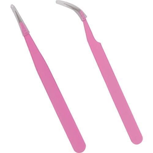 Stainless Steel Pink Straight & Bend Tweezer For Eyelash Extensions Nail Art Nippers