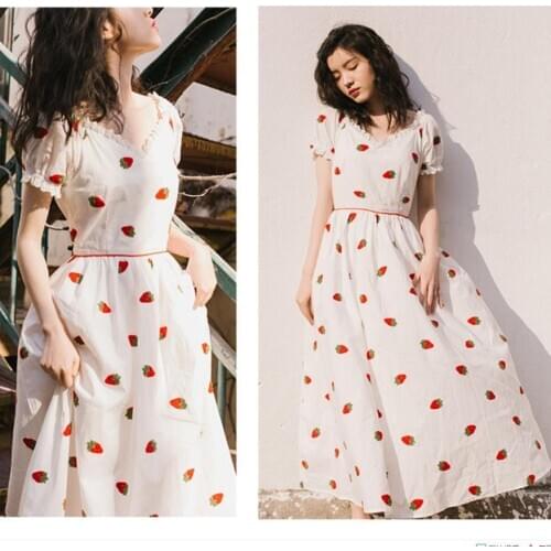 2021 New Style Cotton Literature Art Strawberry Embroidery Dress High Waisted Sweet V-neck Robe Femme Vestido Midi Dresses Lace