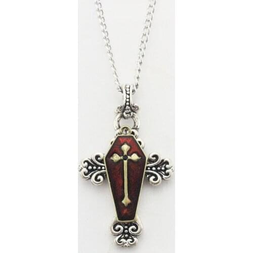 Retro Cross Design Red Coffin Mens and Womens Pendant Necklace Personality Fashion Jewelry Gothic Punk Halloween Necklace