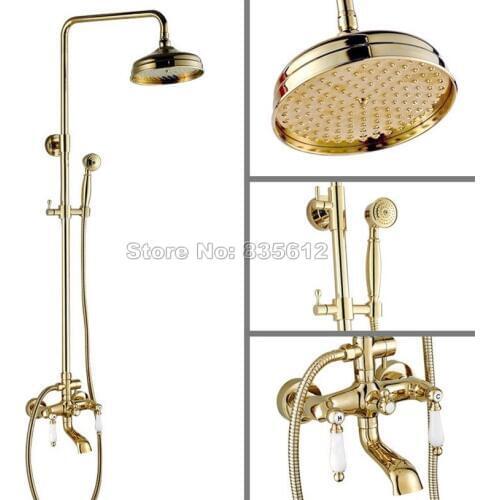 Luxury 8" inch Shower Head Rain Shower Faucet Set Golden Brass / Dual Ceramic Handle Bathroom Tub Mixer tap Wall Mount Wgf361