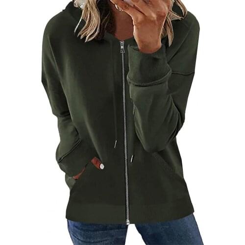 Hoodie Women Solid Color Zipper Autumn Winter Drawstring Pockets Hooded Sweatshirt Coat for Fitness hoodie with a zipper
