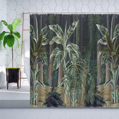 Tropical Plants Palm Tree Shower Curtain Forest Leaves Green Jungle Scenery Wall Cloth Bathroom Decor Bathtub Curtains Polyester