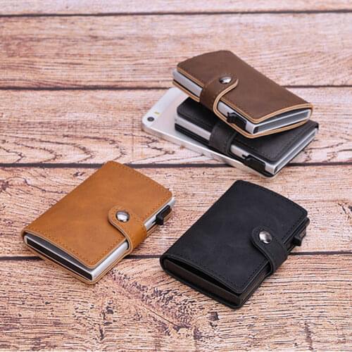 Blocking Vintage Men Credit Card Holder Aluminum Alloy Business ID Card Case Automatic Male Metal Leather Cardholder Wallet