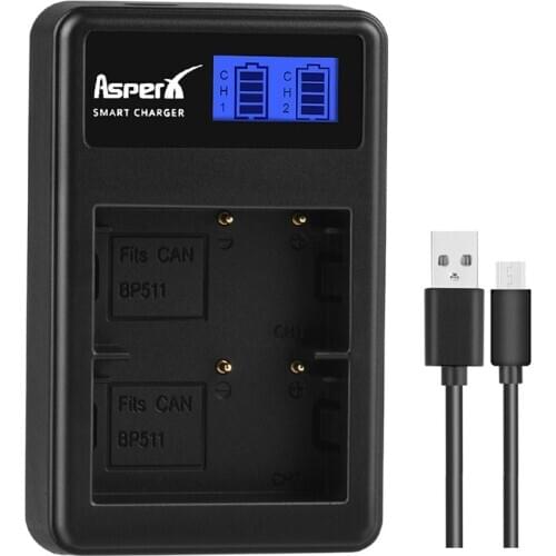 AsperX 1 Pack BP-511 BP 511 BP-511A LCD Dual USB Charger for Canon BP511 BP511A 50D 40D 30D D60 D30 5D