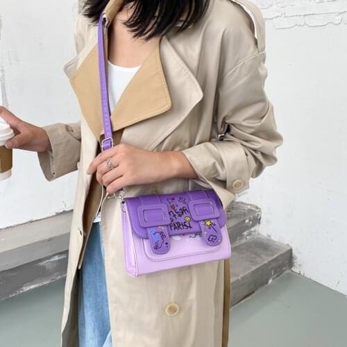 2021 Fashion Graffiti Painted Crossbody For Women PU Leather Belt Buckle Small Square Bag Contrast Color Flap Messenger Bag