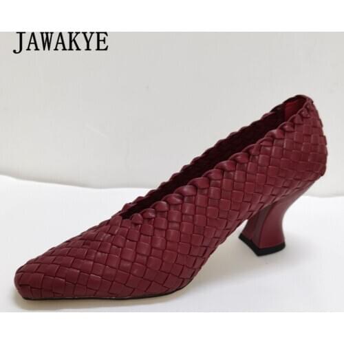 Runway Handmade Braid Leather Women Shoes Plus Size Shallow Pointy Toe High Heels Comfort Strange Chunky Heel grandma Shoes