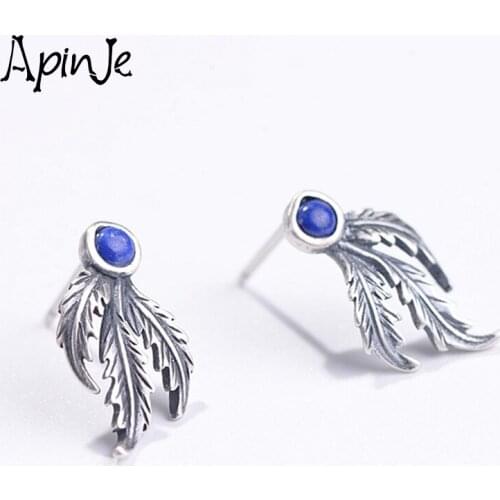 Apinje Vintage 925 Sterling Silver Stud Leaf Earring for Women Stone Earrings Girl Trendy Jewelry