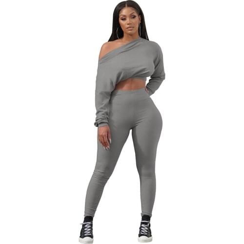 Casual Sporty Fitness One Shoulder 2 Piece Set for Women Knit Elastic Two Piece Set Crop Top Legging Set Jogger Tracksuit Female