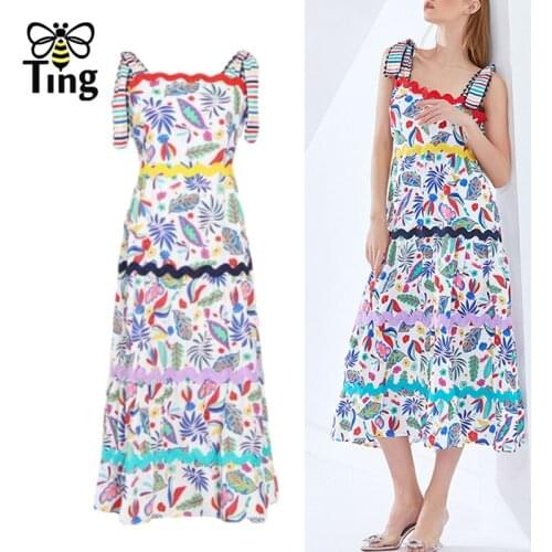 Tingfly Summer Vintage Colors Leaf Print Women Dress Spaghetti Strap Tie Up High Waist Slim A Line Mid-Calf Dresses Sundresses