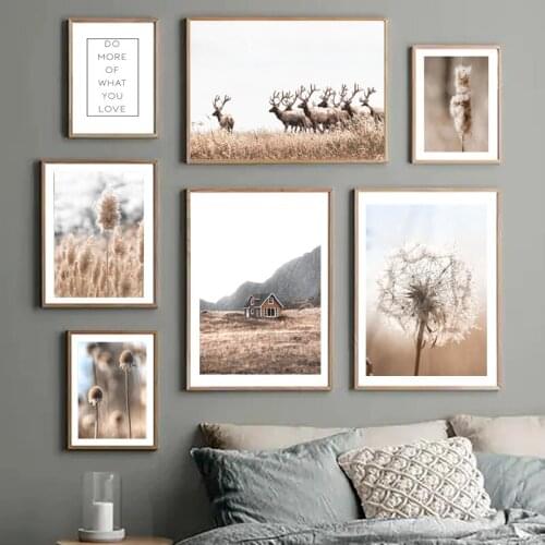 House Deer Dandelion Withered Grass Plant Canvas Printing Art Oil Painting Nordic Poster Living Room Decoration Wall Picture